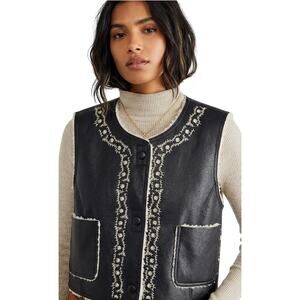 NWT Free People Travelers Vest Embroidered Boho Western Vegan Leather Sherpa Med